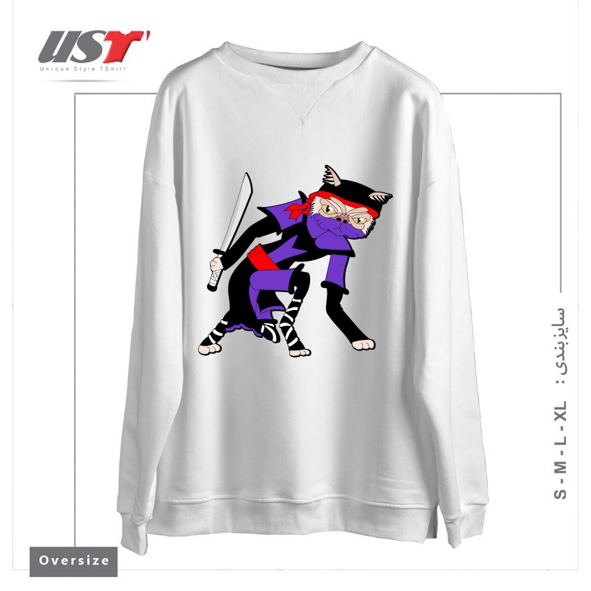 طرح GRUMPY NINJA CAT سوییشرت اورسایزرنگ سفید