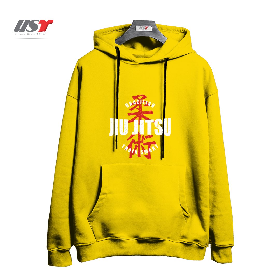 طرح JIU JITSU  TRAIN SMART هودی اورسایزرنگ زرد