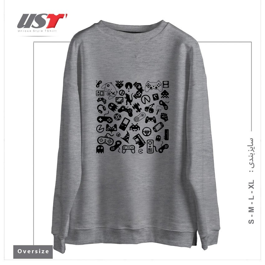 طرح Gamer سوییشرت اورسایزرنگ طوسی ملانژ