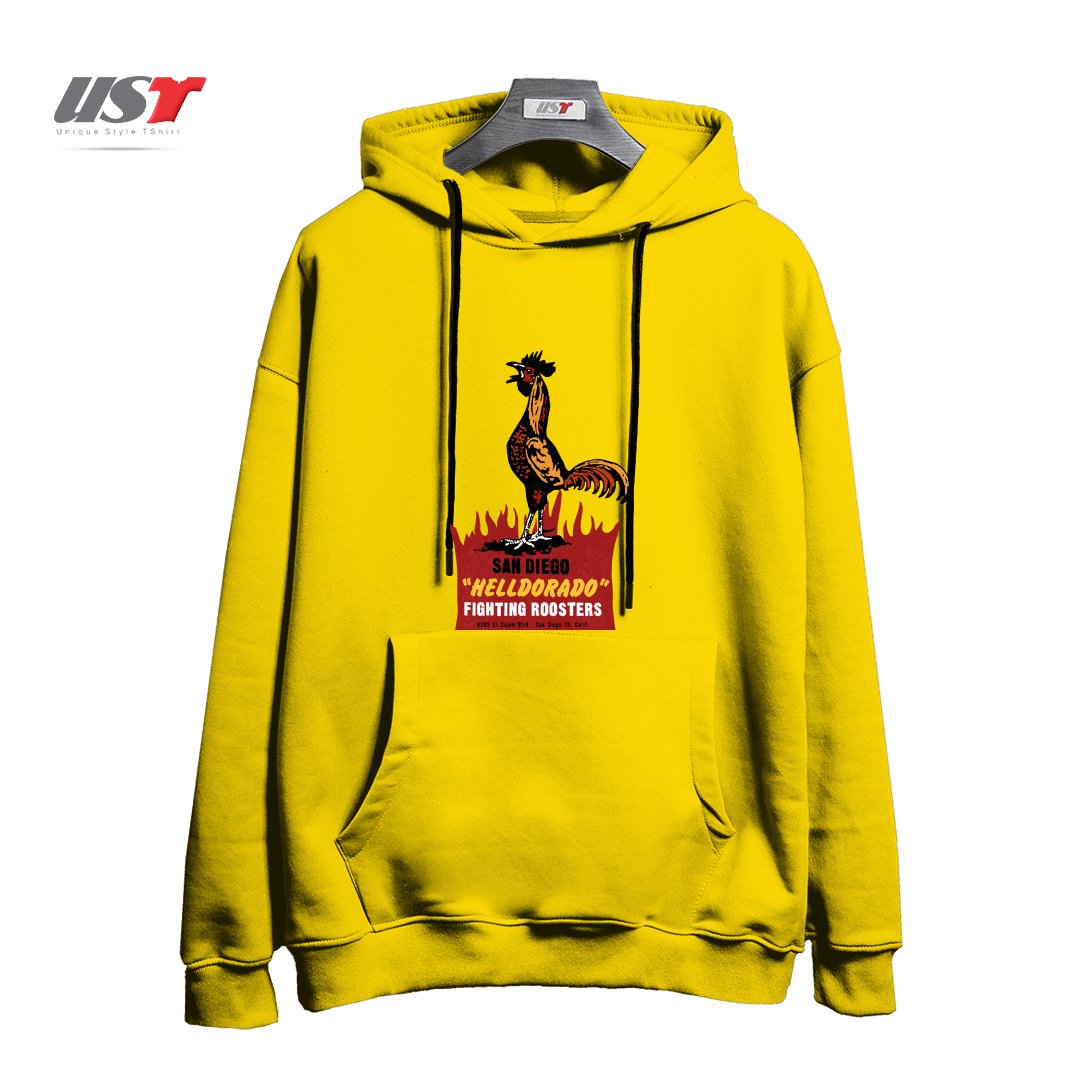 طرح VINTAGE FIGHTING ROOSTERS NC هودی اورسایزرنگ زرد