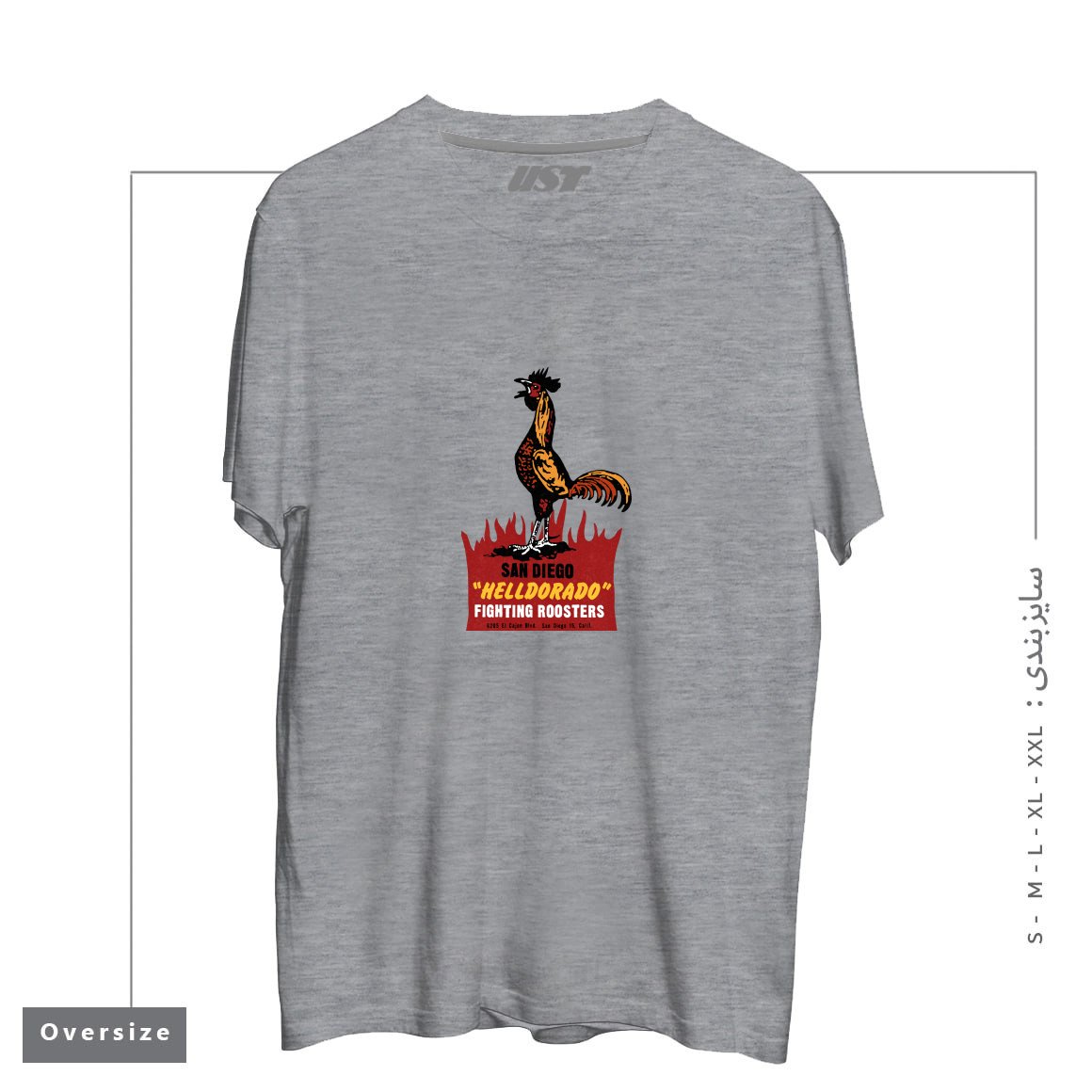 طرح VINTAGE FIGHTING ROOSTERS NC تیشرت اورسایزرنگ طوسی ملانژ