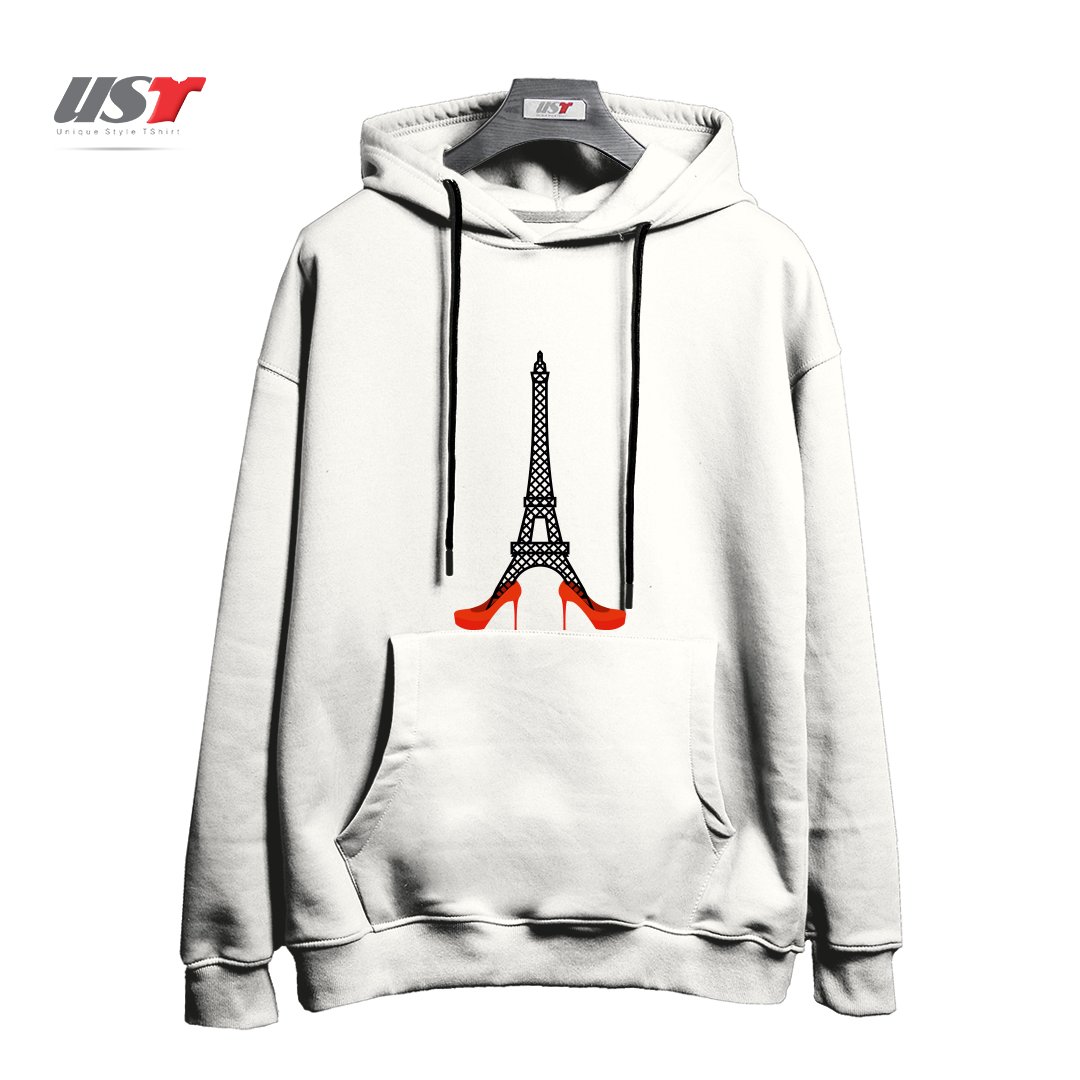 طرح EIFFEL TOWER IN RED WOMEN'S SHOES. FASHION SYMBOL OF FRANCE. LANDMARK FRANCE. ARCHITECTU هودی اورسایزرنگ سفید