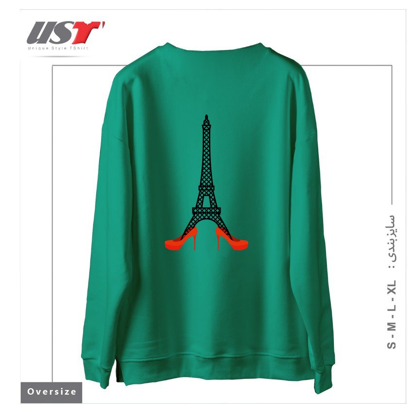 طرح EIFFEL TOWER IN RED WOMEN'S SHOES. FASHION SYMBOL OF FRANCE. LANDMARK FRANCE. ARCHITECTU سوییشرت اورسایزرنگ سبز سدری