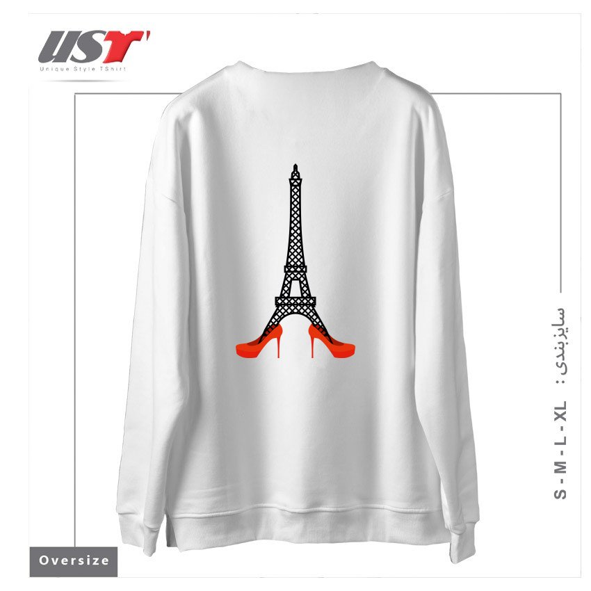 طرح EIFFEL TOWER IN RED WOMEN'S SHOES. FASHION SYMBOL OF FRANCE. LANDMARK FRANCE. ARCHITECTU سوییشرت اورسایزرنگ سفید