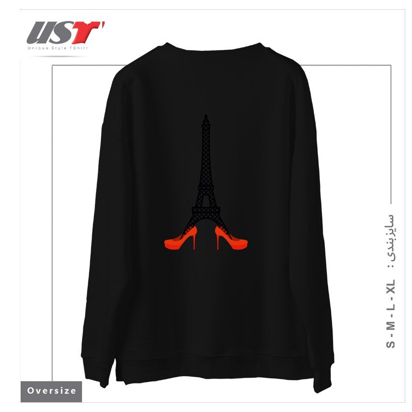 طرح EIFFEL TOWER IN RED WOMEN'S SHOES. FASHION SYMBOL OF FRANCE. LANDMARK FRANCE. ARCHITECTU سوییشرت اورسایزرنگ مشکی