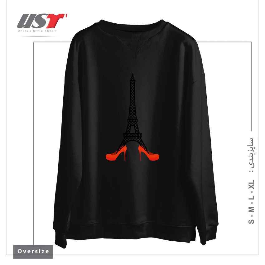 طرح EIFFEL TOWER IN RED WOMEN'S SHOES. FASHION SYMBOL OF FRANCE. LANDMARK FRANCE. ARCHITECTU سوییشرت اورسایزرنگ مشکی