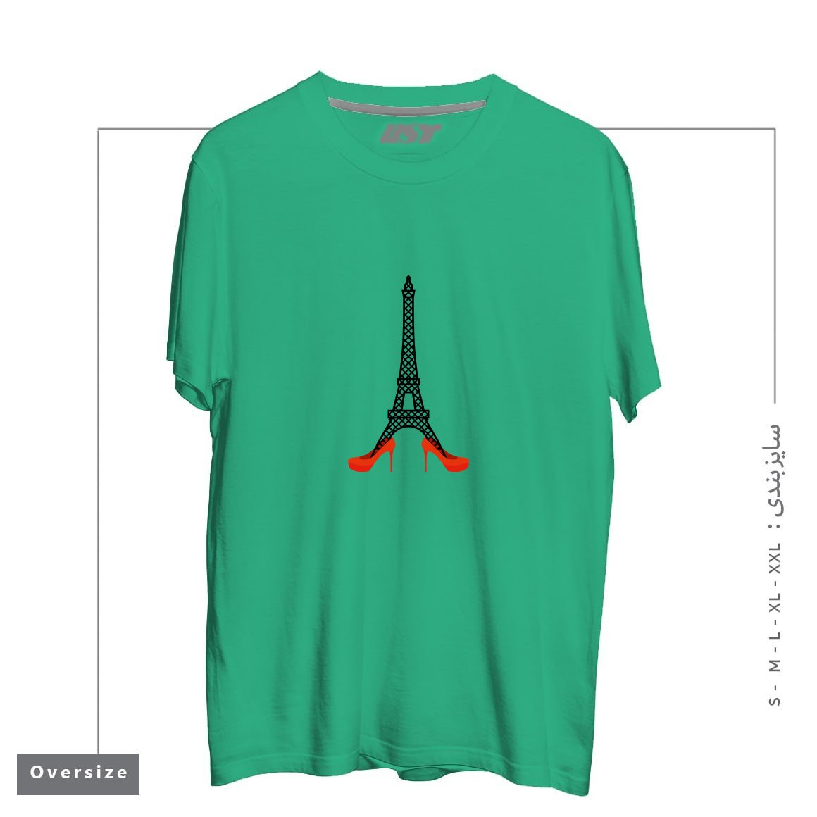 طرح EIFFEL TOWER IN RED WOMEN'S SHOES. FASHION SYMBOL OF FRANCE. LANDMARK FRANCE. ARCHITECTU تیشرت اورسایزرنگ سبز