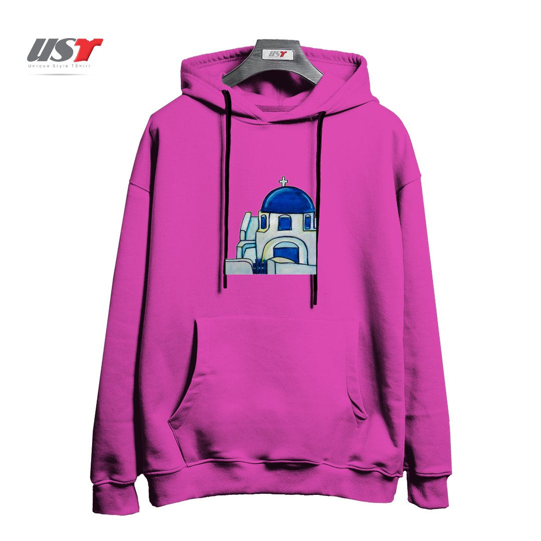 طرح HAND PAINTED WATERCOLOR SANTORINI CHURCH هودی اورسایزرنگ صورتی