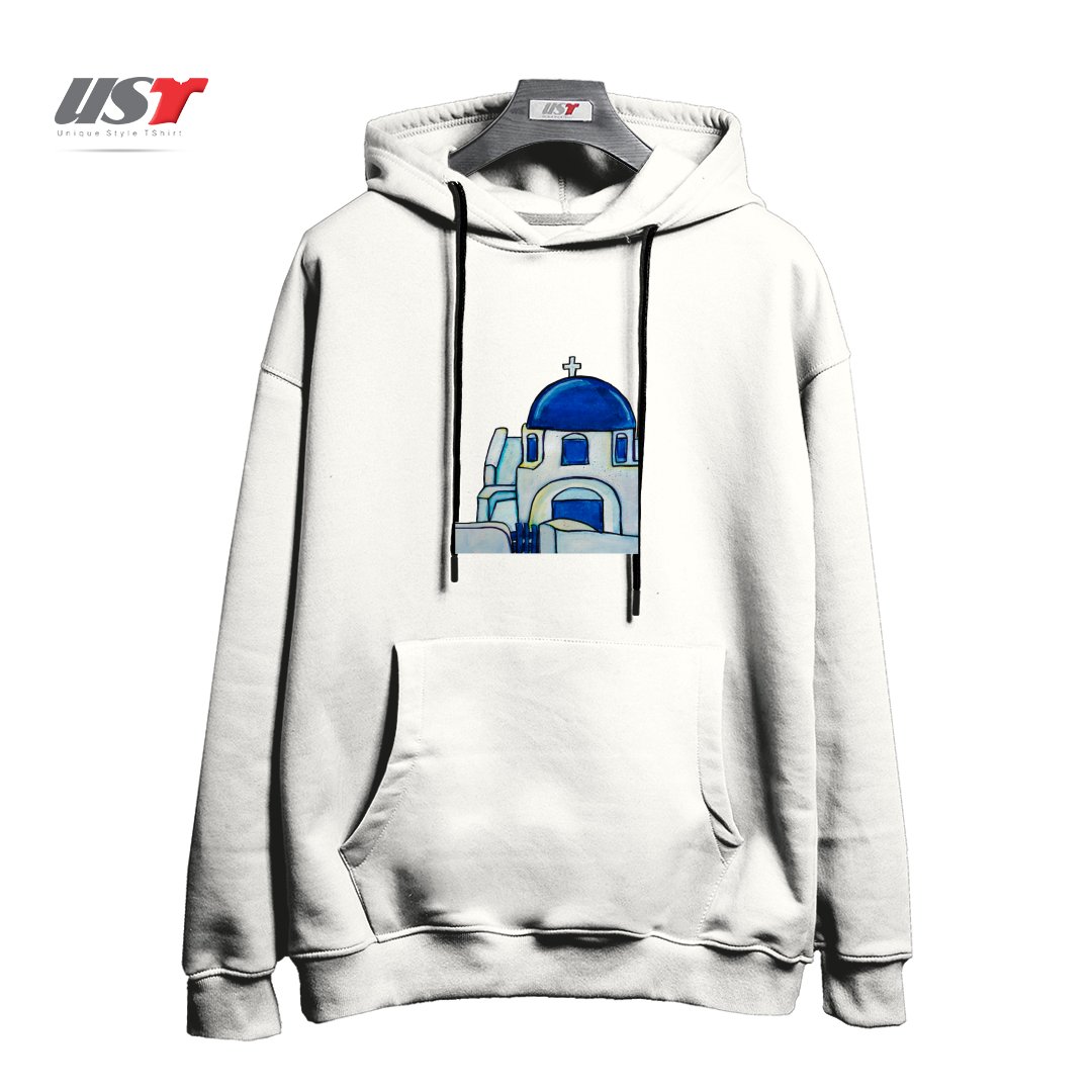 هودی اورسایز طرح HAND PAINTED WATERCOLOR SANTORINI CHURCH