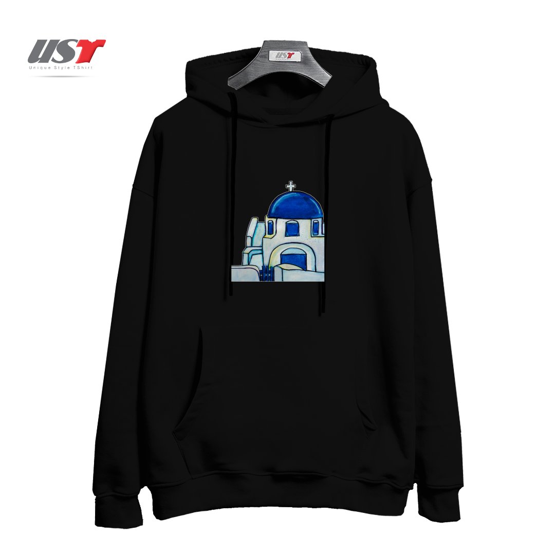 طرح HAND PAINTED WATERCOLOR SANTORINI CHURCH هودی اورسایزرنگ مشکی