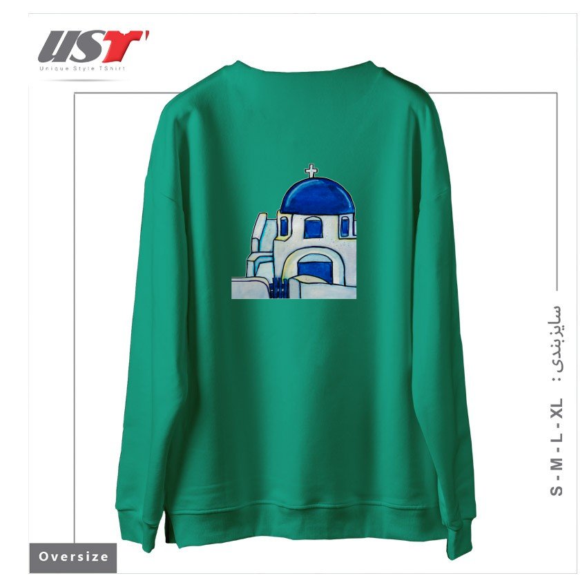 طرح HAND PAINTED WATERCOLOR SANTORINI CHURCH سوییشرت اورسایزرنگ سبز سدری