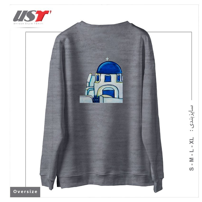 طرح HAND PAINTED WATERCOLOR SANTORINI CHURCH سوییشرت اورسایزرنگ طوسی ملانژ