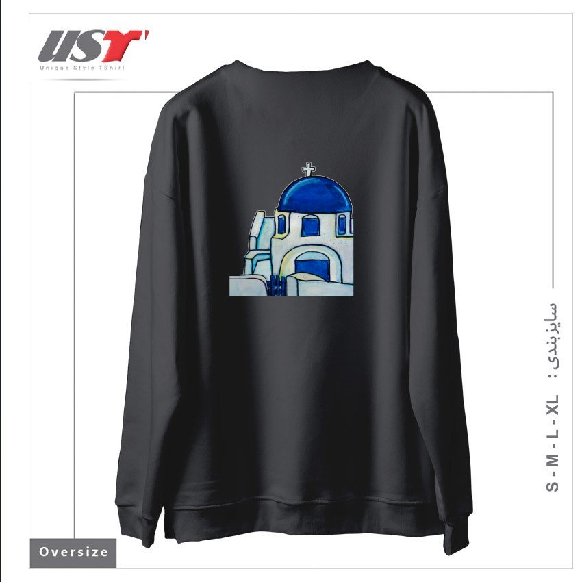 طرح HAND PAINTED WATERCOLOR SANTORINI CHURCH سوییشرت اورسایزرنگ دودی