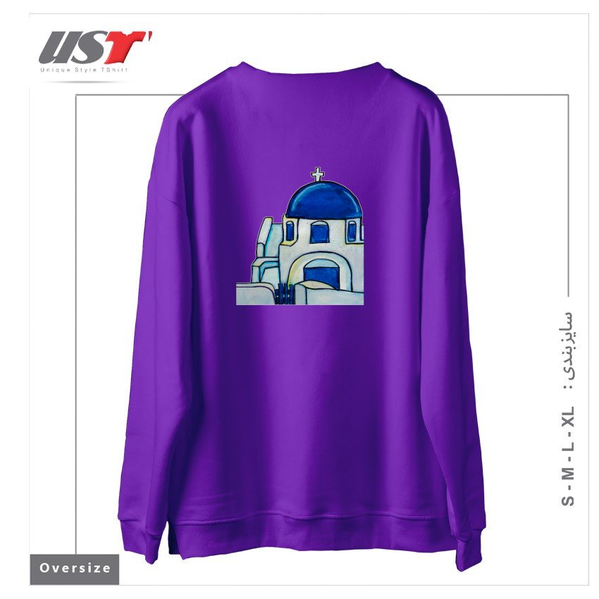 طرح HAND PAINTED WATERCOLOR SANTORINI CHURCH سوییشرت اورسایزرنگ بنفش