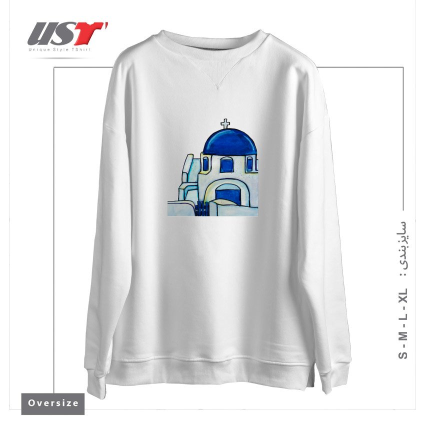 طرح HAND PAINTED WATERCOLOR SANTORINI CHURCH سوییشرت اورسایزرنگ سفید