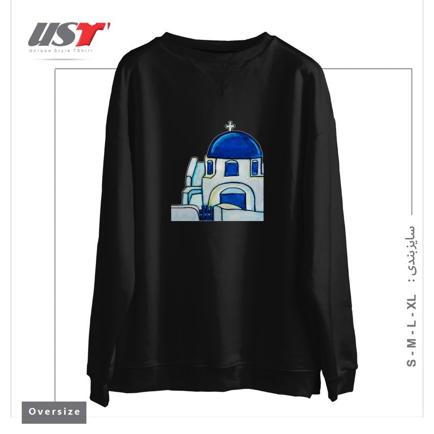 طرح HAND PAINTED WATERCOLOR SANTORINI CHURCH سوییشرت اورسایزرنگ مشکی