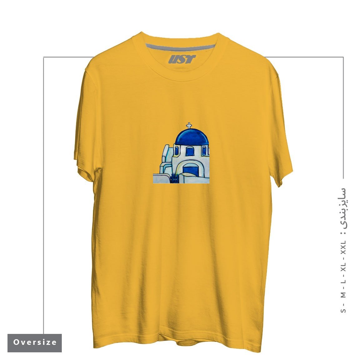 طرح HAND PAINTED WATERCOLOR SANTORINI CHURCH تیشرت اورسایزرنگ خردلی