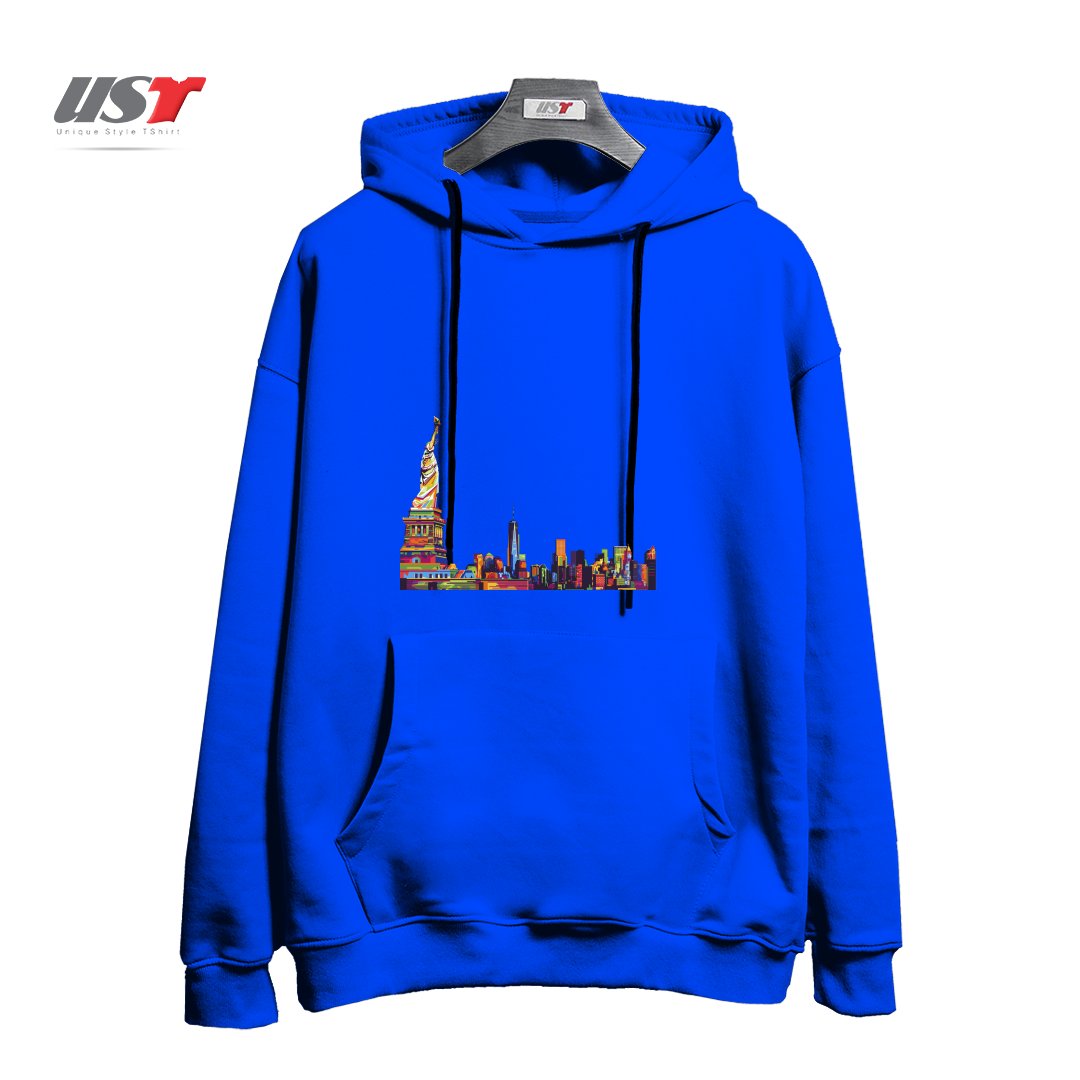 طرح NEW YORK SKYLINE هودی اورسایزرنگ آبی شالی