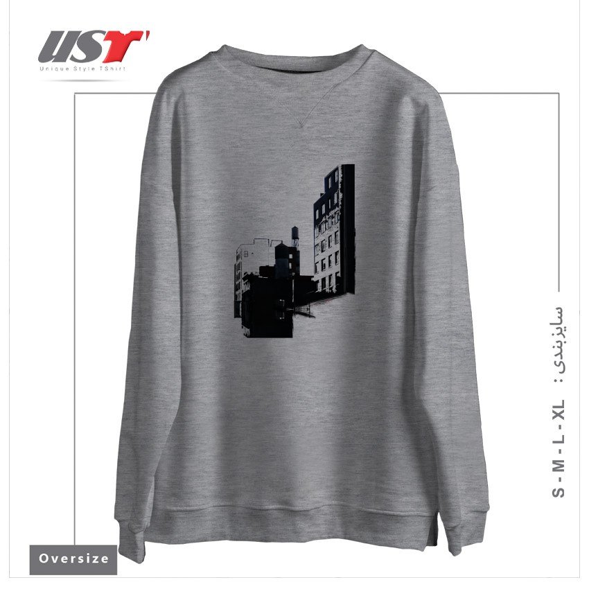 طرح TOWER BUILDING OUTLINE سوییشرت اورسایزرنگ طوسی ملانژ