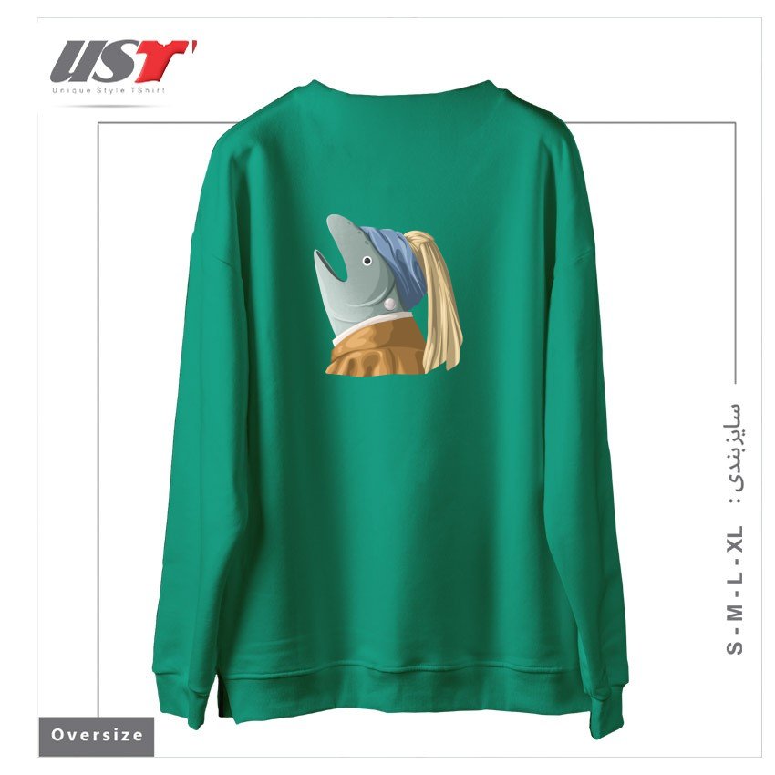 طرح FISH WITH PEARL EARRING سوییشرت اورسایزرنگ سبز سدری