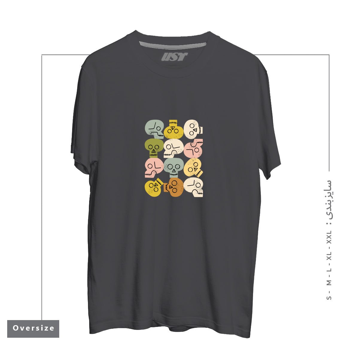 طرح HAPPY SKULLS تیشرت اورسایزرنگ دودی