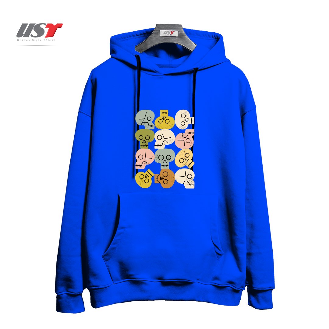 طرح HAPPY SKULLS هودی اورسایزرنگ آبی شالی