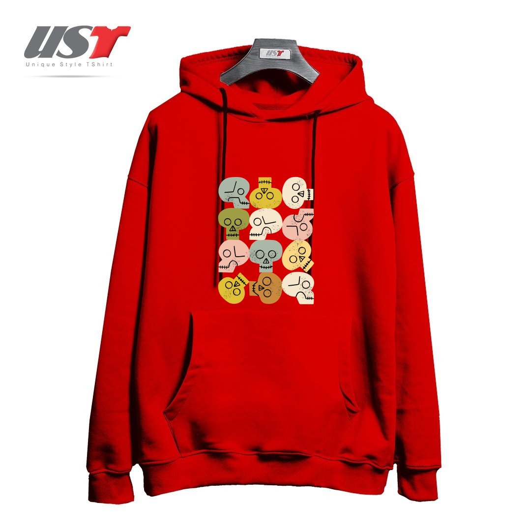طرح HAPPY SKULLS هودی اورسایزرنگ قرمز