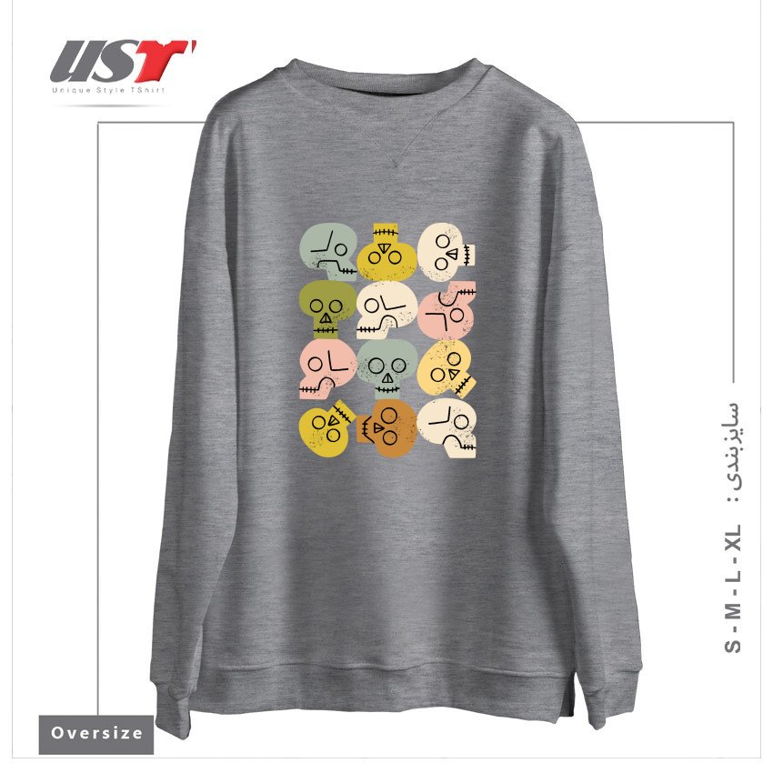 طرح HAPPY SKULLS سوییشرت اورسایزرنگ طوسی ملانژ