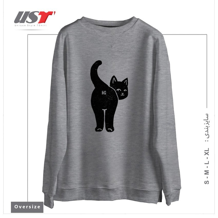 طرح HELLO CAT BUTT MINIMALIST BLACK BY TOBE FONSECA سوییشرت اورسایزرنگ طوسی ملانژ
