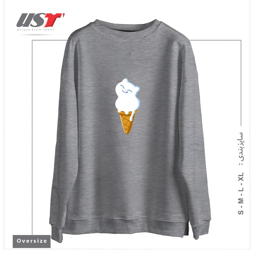 طرح ICE CREAM CAT سوییشرت اورسایزرنگ طوسی ملانژ
