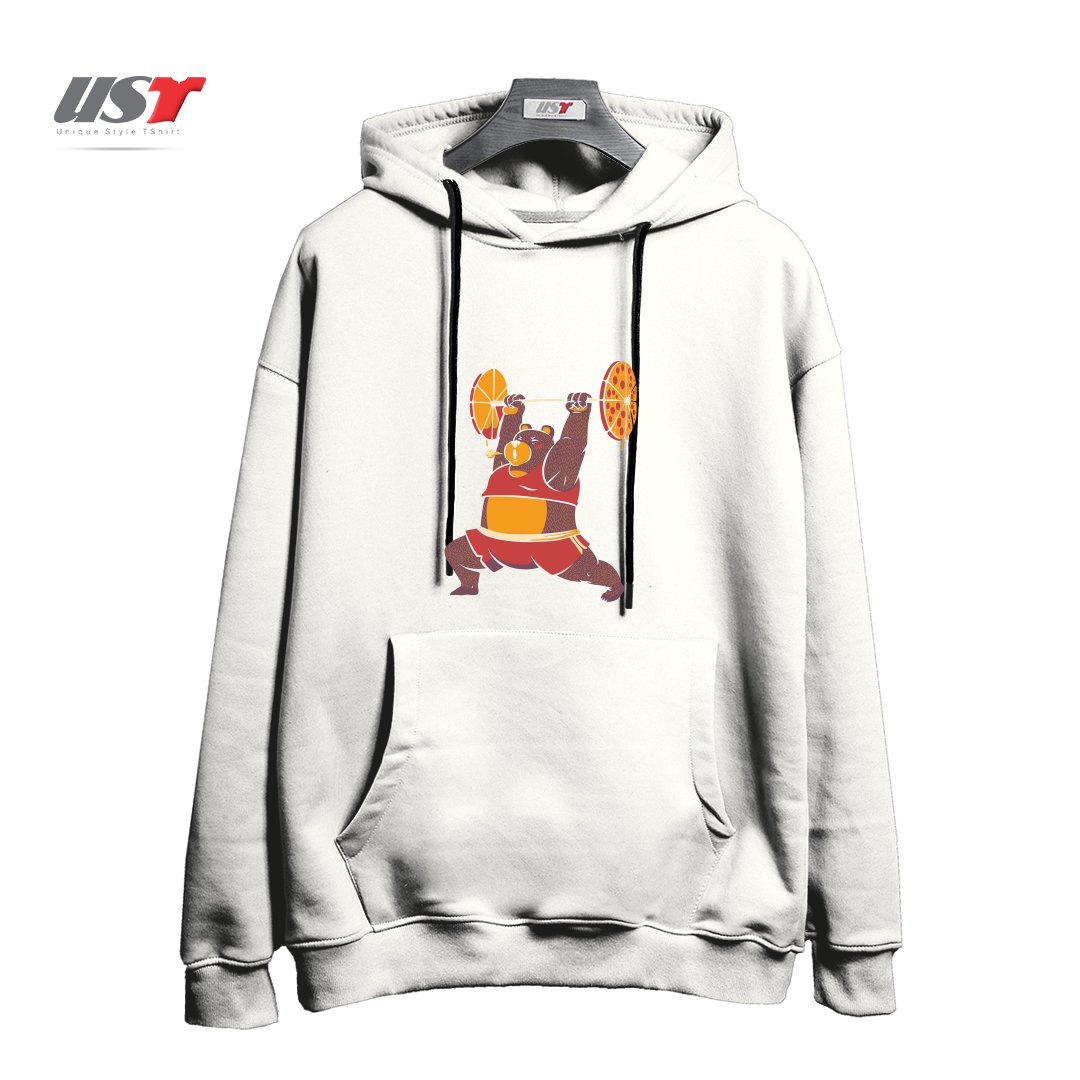 طرح SQUAT BEAR GYM I LOVE TO EAT PIZZA هودی اورسایزرنگ سفید