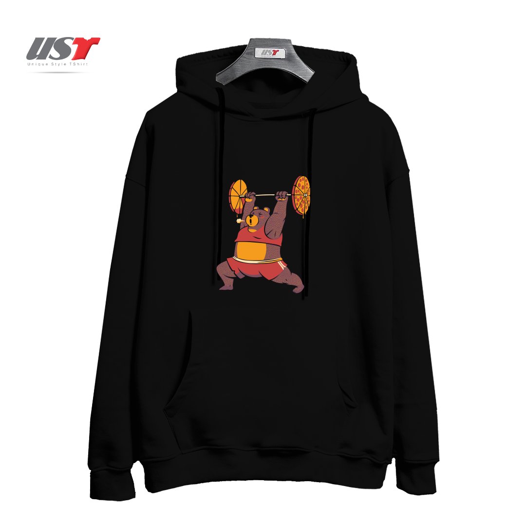 طرح SQUAT BEAR GYM I LOVE TO EAT PIZZA هودی اورسایزرنگ مشکی