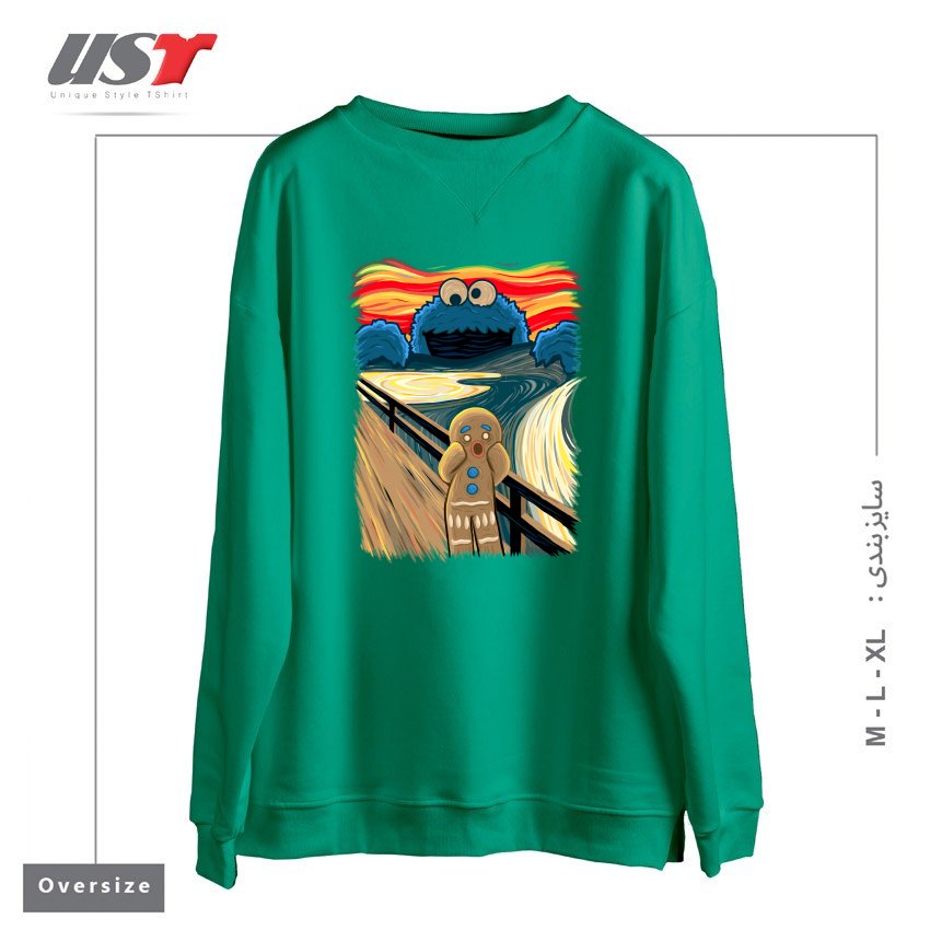طرح THE COOKIE MUNCHER! سوییشرت اورسایزرنگ سبز سدری