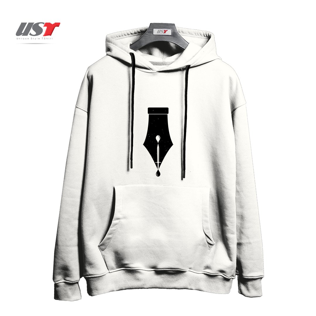 طرح THE PEN IS MIGHTIER THAN THE SWORD هودی اورسایزرنگ سفید