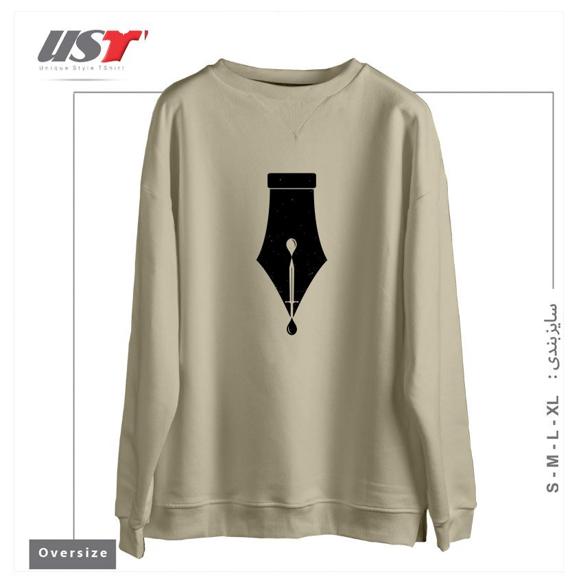 طرح THE PEN IS MIGHTIER THAN THE SWORD سوییشرت اورسایزرنگ نخودی