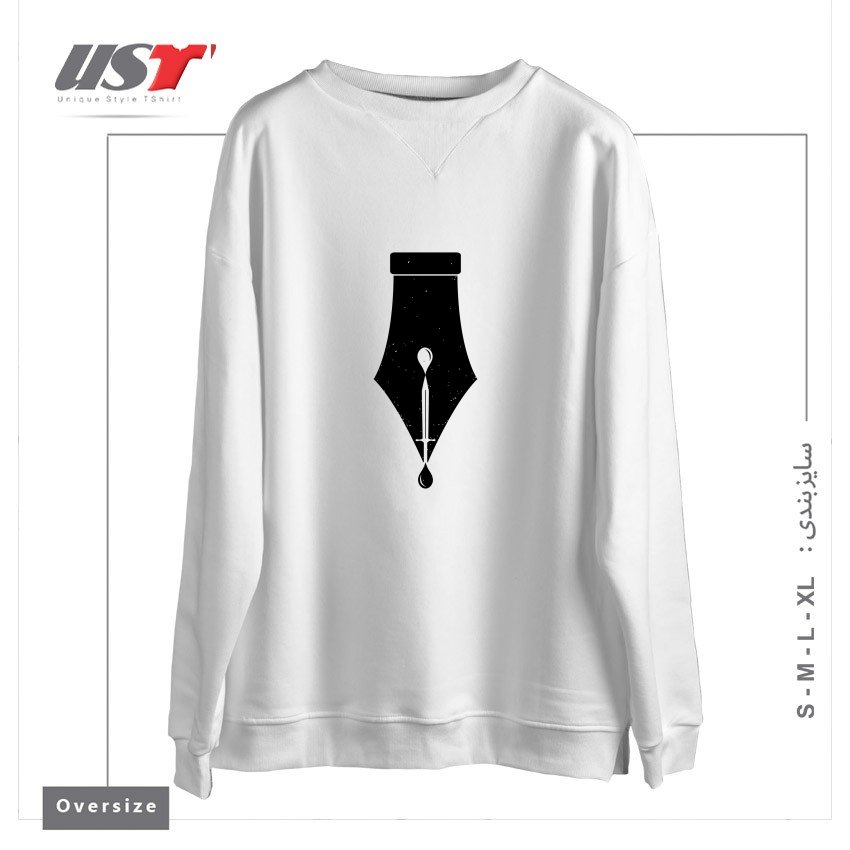 طرح THE PEN IS MIGHTIER THAN THE SWORD سوییشرت اورسایزرنگ سفید