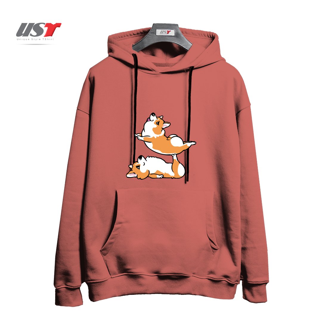 طرح ACROYOGA CORGI هودی اورسایزرنگ آجری