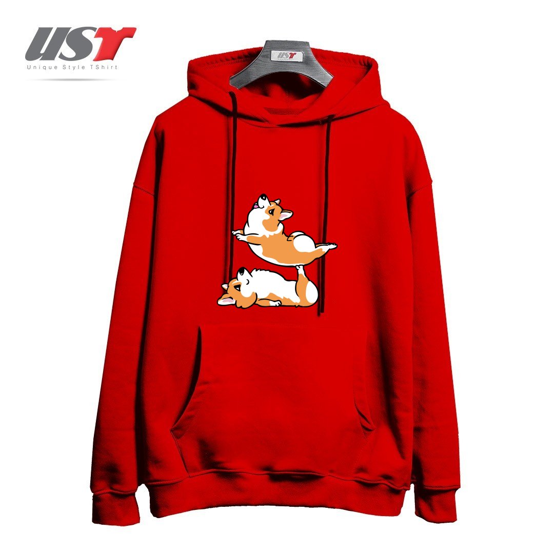 طرح ACROYOGA CORGI هودی اورسایزرنگ قرمز