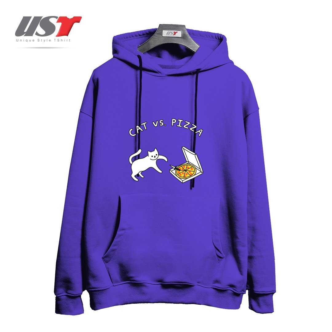 طرح CAT VS. PIZZA هودی اورسایزرنگ بنفش