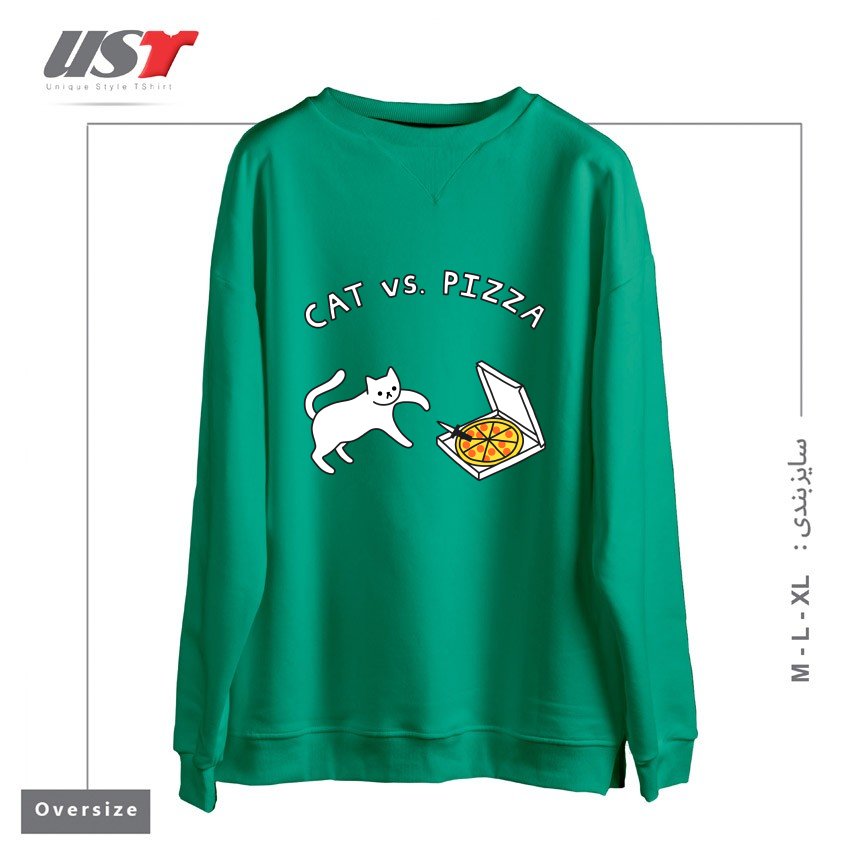 طرح CAT VS. PIZZA سوییشرت اورسایزرنگ سبز سدری