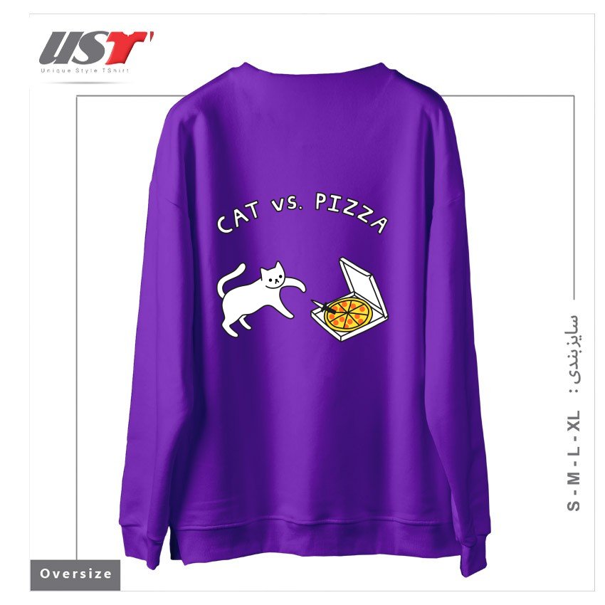 طرح CAT VS. PIZZA سوییشرت اورسایزرنگ بنفش