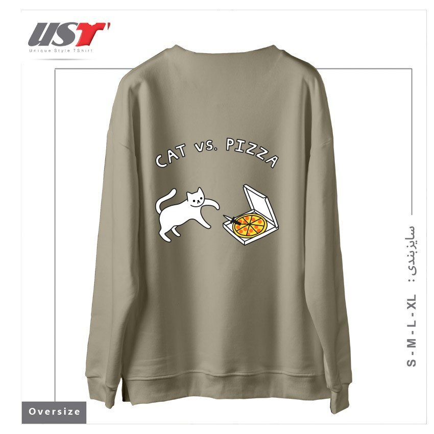 طرح CAT VS. PIZZA سوییشرت اورسایزرنگ نخودی