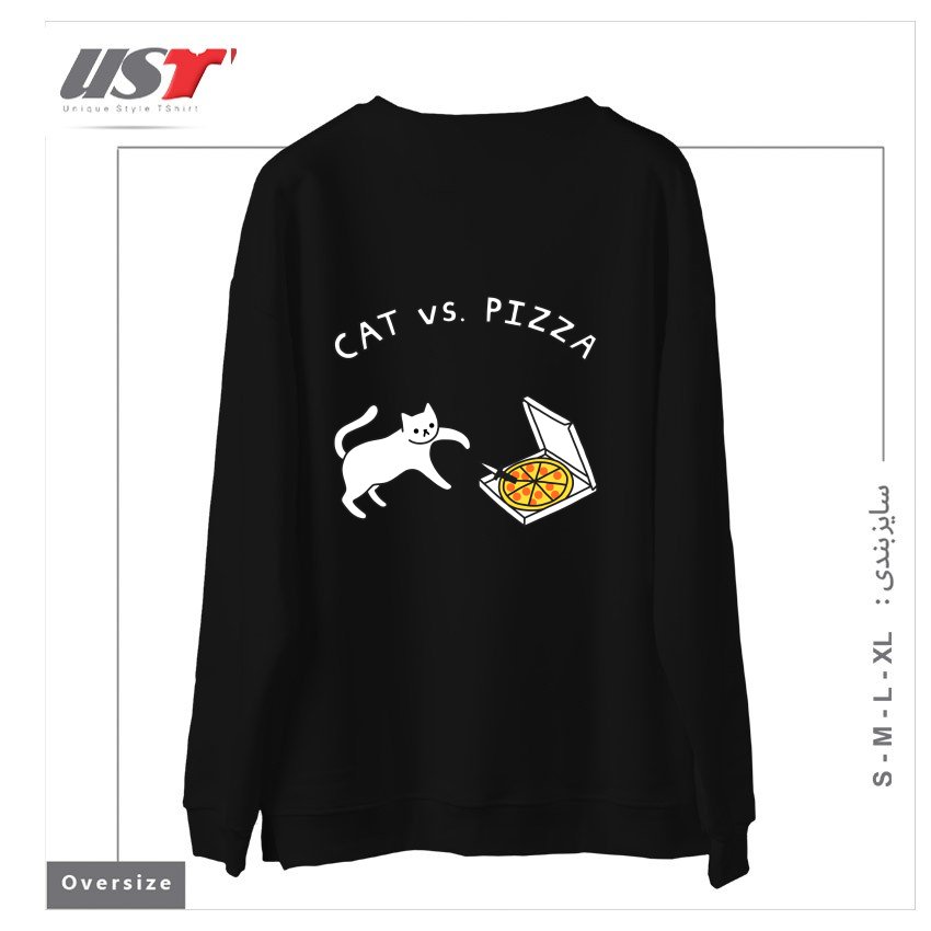 طرح CAT VS. PIZZA سوییشرت اورسایزرنگ مشکی