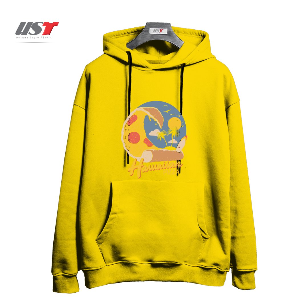 طرح HAWAIIAN PIZZA هودی اورسایزرنگ زرد