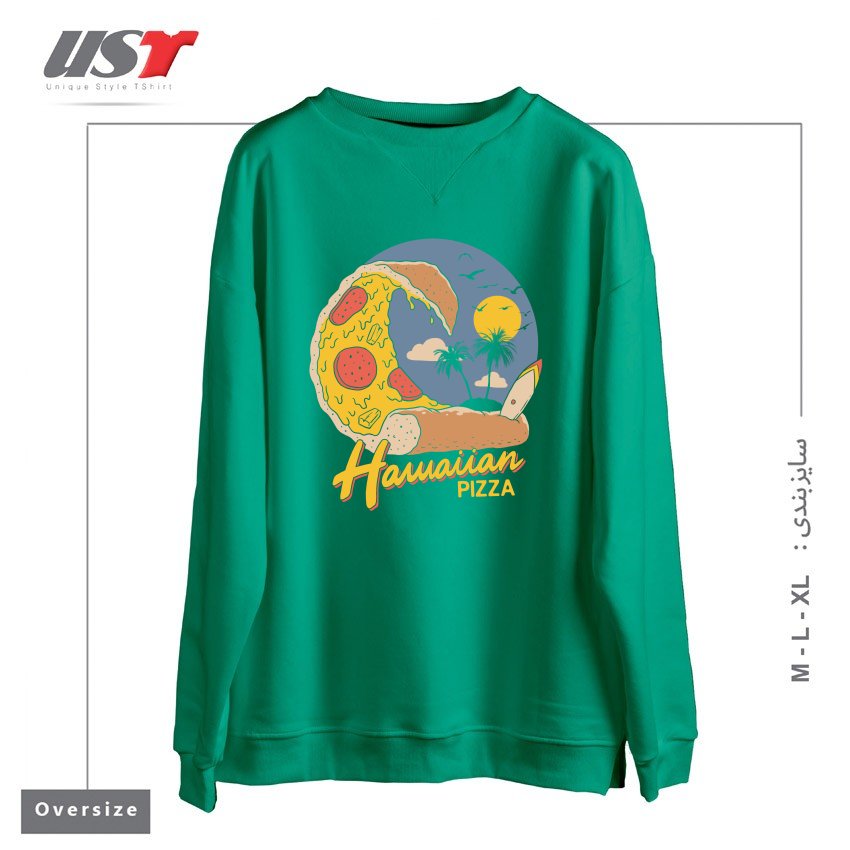 طرح HAWAIIAN PIZZA سوییشرت اورسایزرنگ سبز سدری