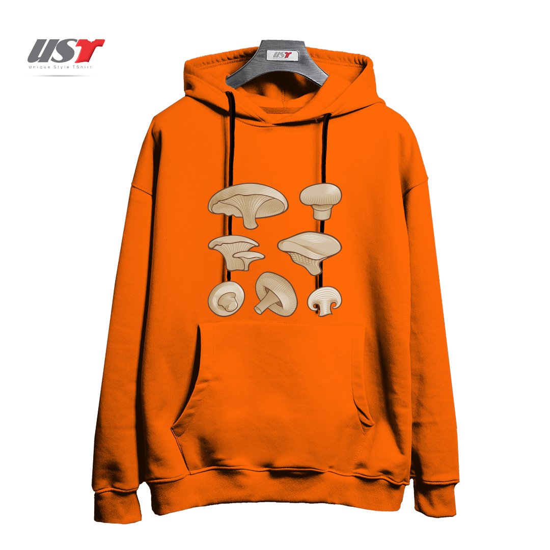 طرح WOODCUT MUSHROOMS هودی اورسایزرنگ نارنجی