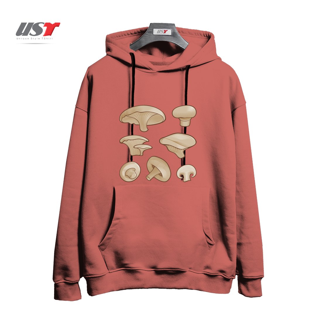 طرح WOODCUT MUSHROOMS هودی اورسایزرنگ آجری