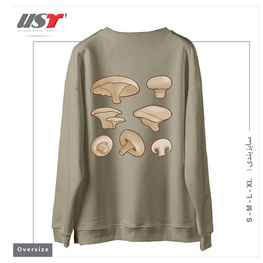 طرح WOODCUT MUSHROOMS سوییشرت اورسایزرنگ نخودی