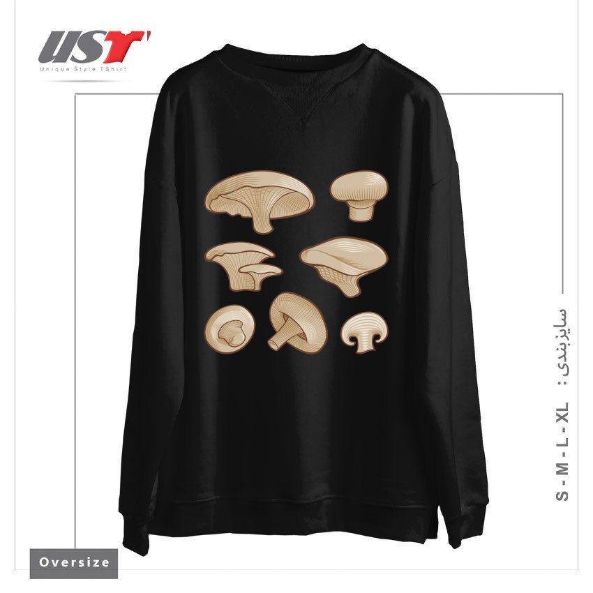 طرح WOODCUT MUSHROOMS سوییشرت اورسایزرنگ مشکی