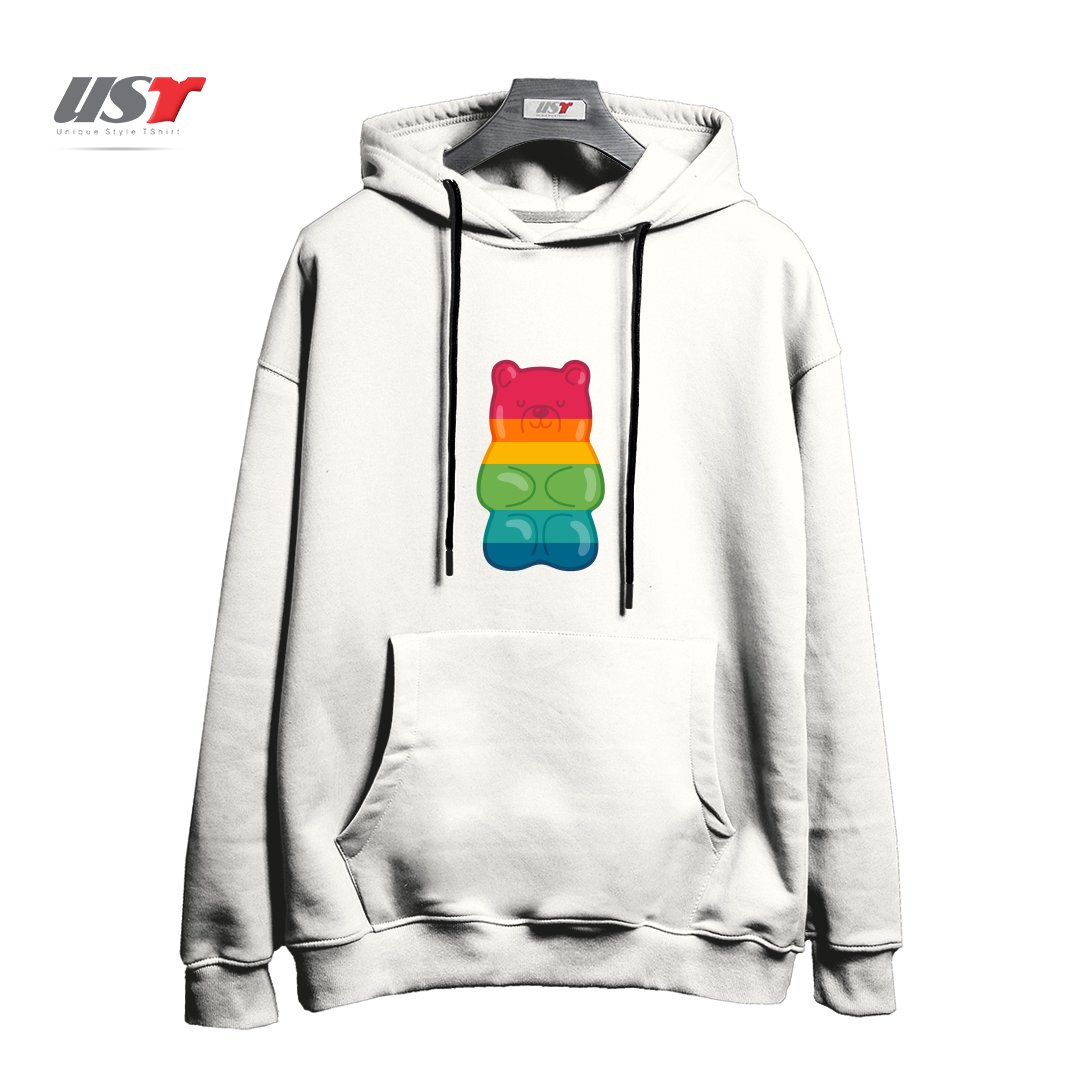 طرح RAINBOW GUMMY BEAR هودی اورسایزرنگ سفید